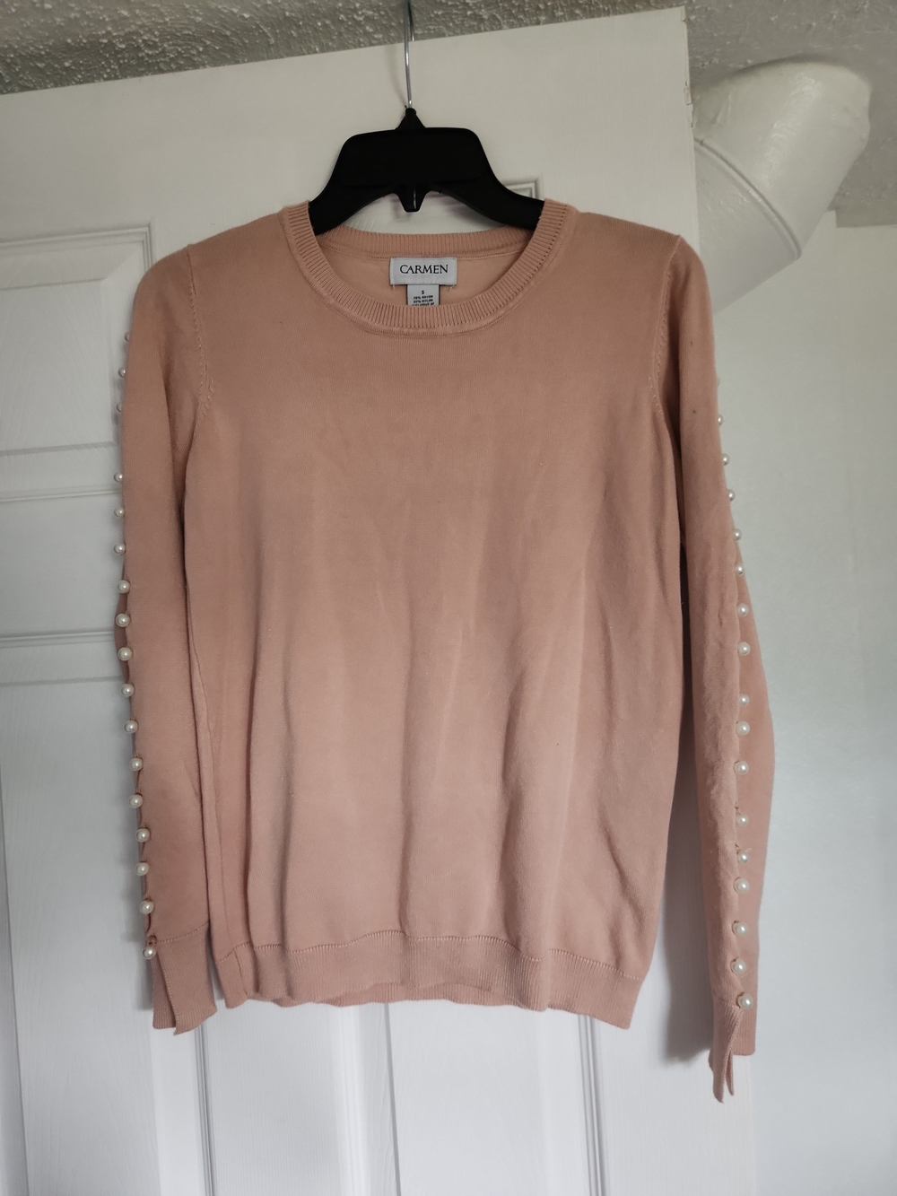 Carmen Marc Valvo Blush Pink Pearl-Embellished Crewneck Sweater